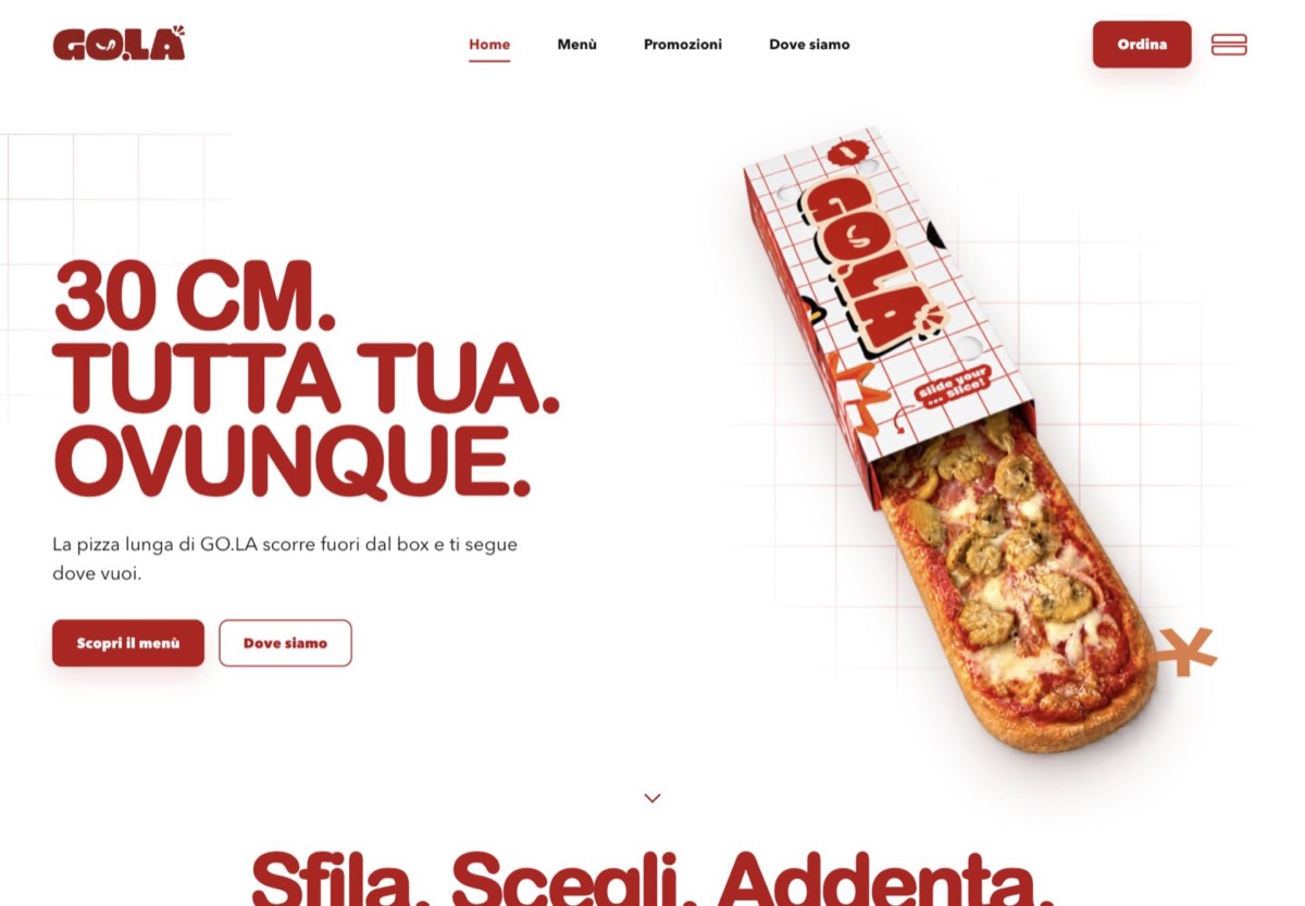 Concept della home GO.LA con box lungo e pizza da 30 centimetri