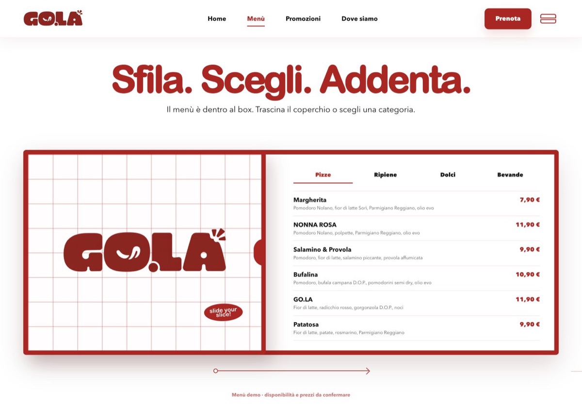 Concept del menu GO.LA racchiuso nel box scorrevole