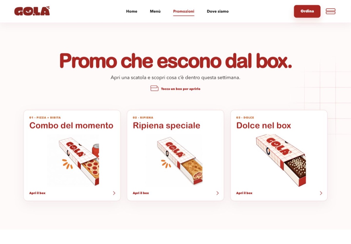 Concept delle promozioni GO.LA organizzate in tre piccoli box