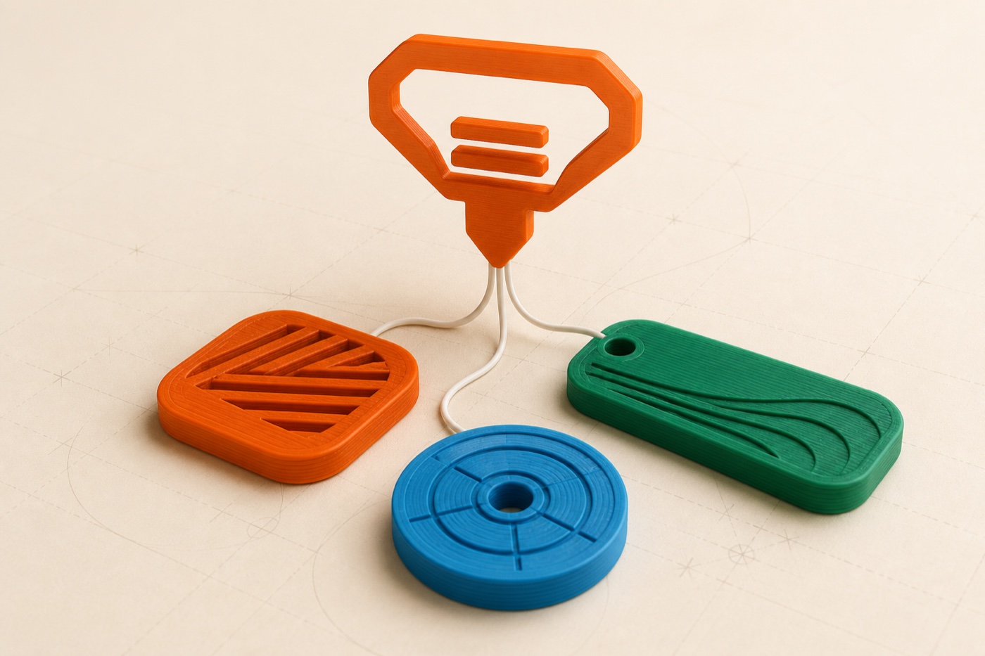 Design system 3DForge con palette crema, arancio, verde e azzurro applicata a oggetti stampati in 3D
